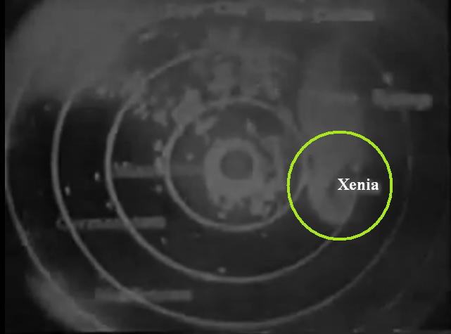WHIO-TV's weather radar as it appeared on April 3, 1974 approximately 4:20PM as the Xenia Tornado touched down. Notice the "hook" echo indicating the twister.