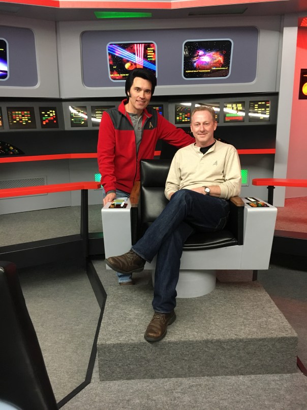 Star Trek Tour creator, James Cawley with Deer In Headlines author, Gery L. Deer on the Enterprise bridge set.